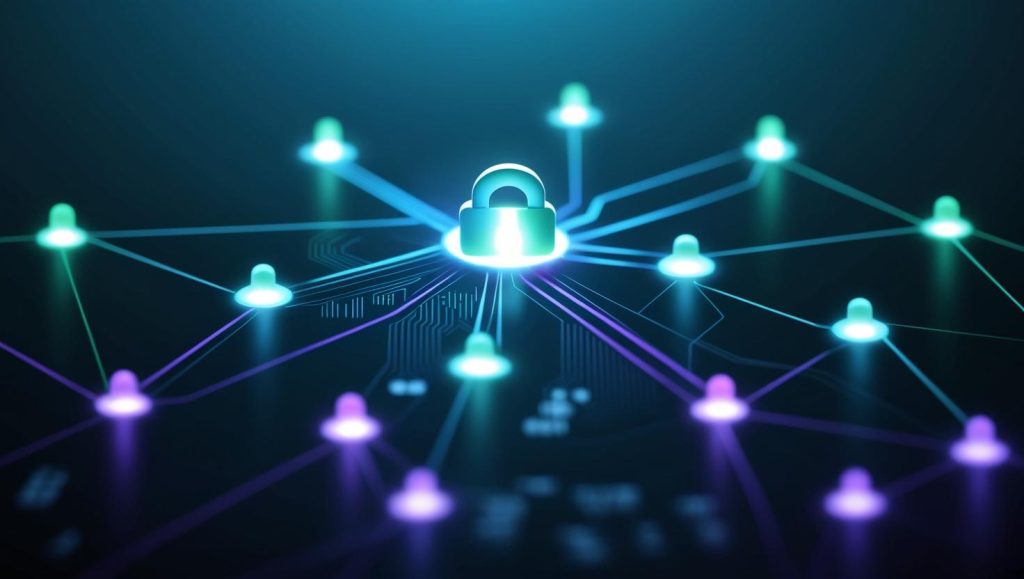 Abstract digital illustration of a padlock at the center, surrounded by interconnected dots and lines, symbolizing cybersecurity networks and protection goals for the new year.