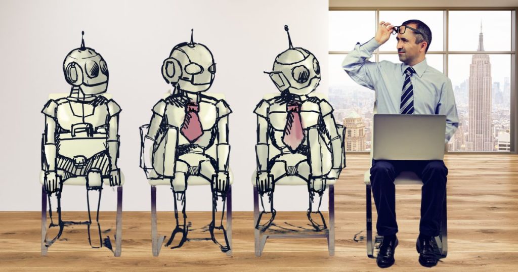 A man sits beside three robot sketches in office chairs, highlighting the contrast between human work and automation.