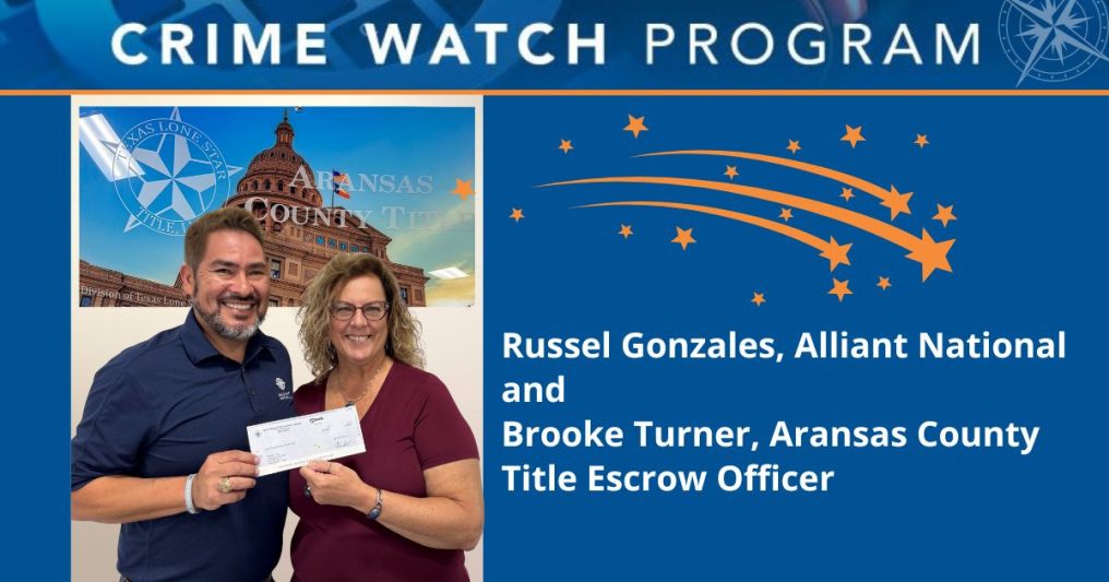 Russel Gonzales and Brooke Turner smile while holding a check, standing in front of an Aransas County Title sign. The image highlights their participation in the Crime Watch Program.