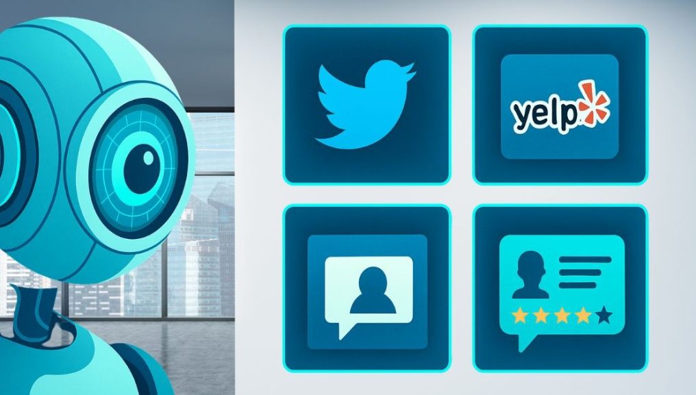 A futuristic robot faces icons for Twitter, Yelp, chat, and reviews—representing how AI can help safeguard your brand’s reputation by monitoring and managing online feedback and social media presence.