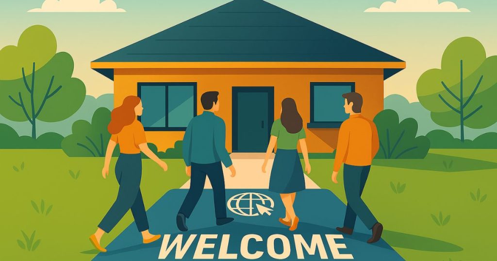 Illustrated people walking up to a welcoming home with a large “WELCOME” mat, symbolizing user-friendly design and inviting website experiences.