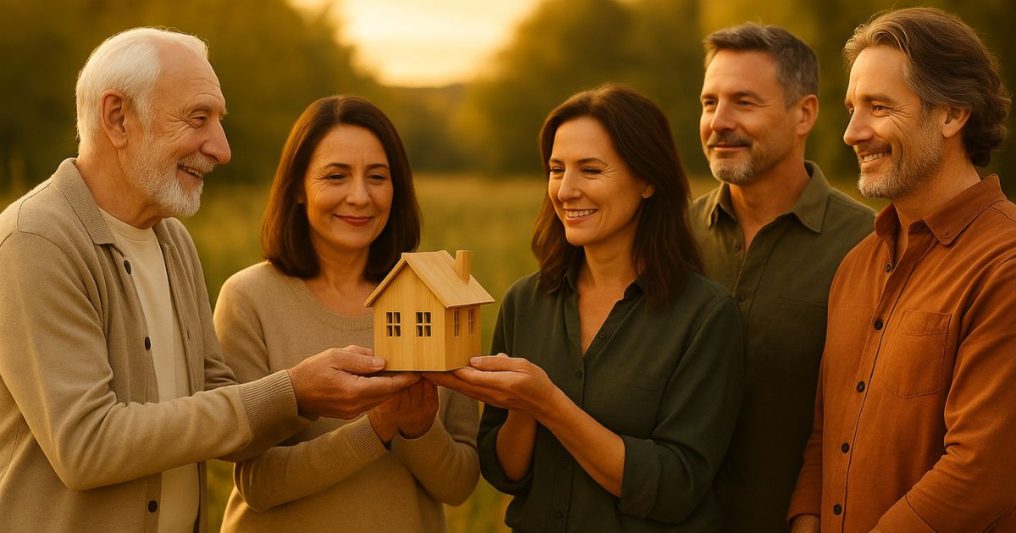 A group of people smiles warmly as they gather outdoors, passing a small model house from an elderly man to a younger woman, symbolizing inheritance or property transfer among family.