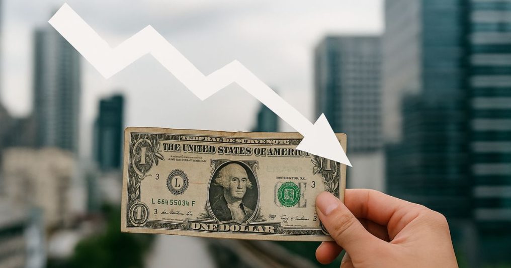 A hand holds a U.S. dollar bill in front of a city skyline, with a downward arrow drawn above it, representing economic decline and market slowdown concerns.