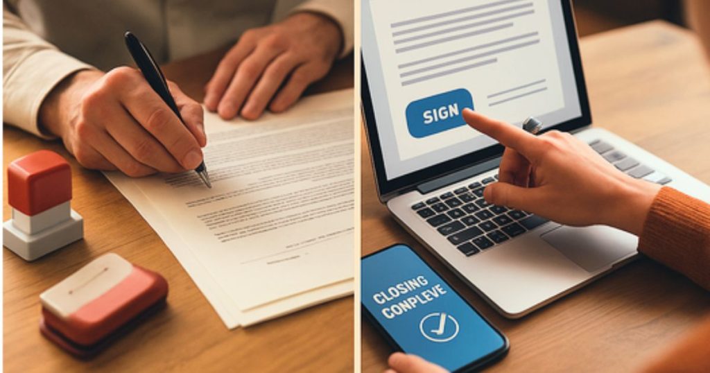 Split image showing a person signing a paper document with a pen on one side, and another person clicking a digital "Sign" button on a laptop—illustrating the shift from traditional wet signatures to digital closing technology.