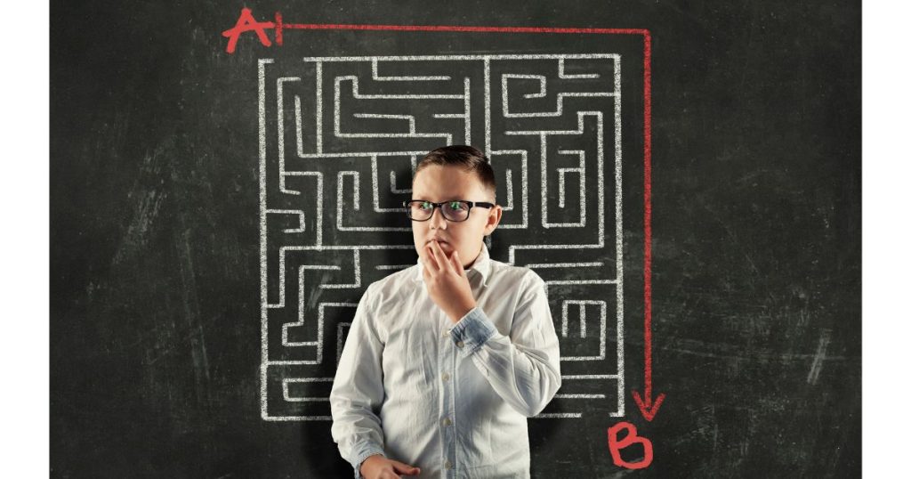A boy stands thoughtfully in front of a chalkboard maze, where a red line takes a shortcut from point A to B—symbolizing how the 4 C’s of marketing can act as a smart shortcut.