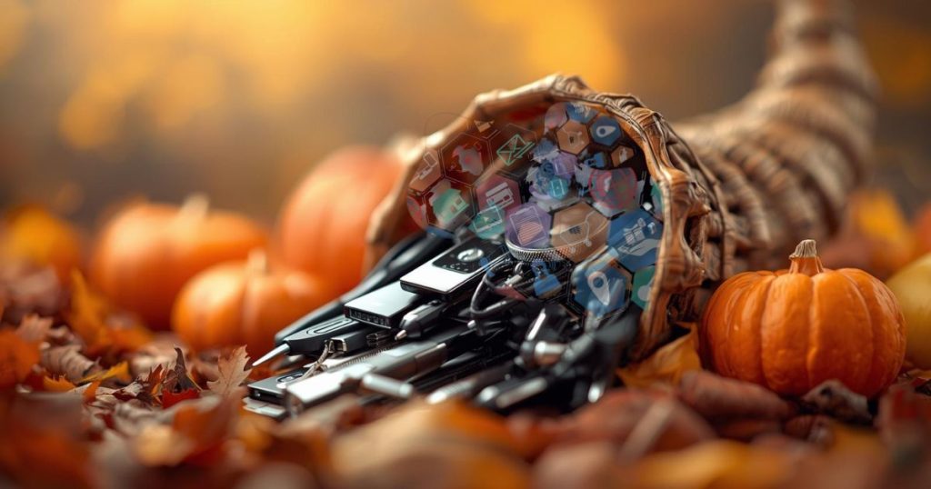 A fall background. In the foreground is a cornucopia filled with tech tools