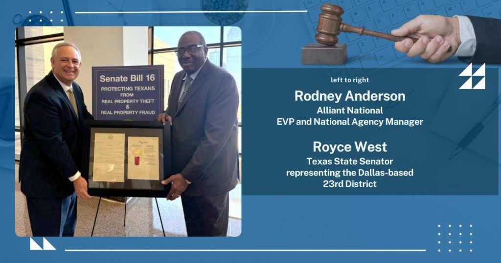 Rodney Anderson and Texas State Senator Royce West stand beside a framed copy of Senate Bill 16, which aims to protect Texans from real property theft and fraud. The display highlights their roles in supporting this legislation.