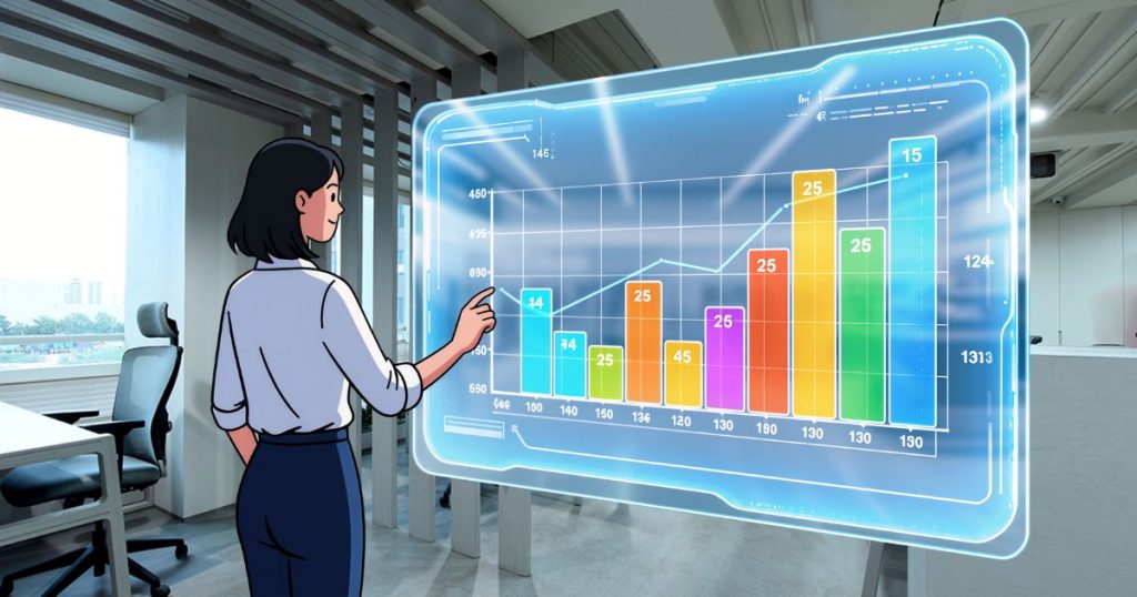 A woman in a modern office interacts with a large, futuristic digital screen displaying a colorful bar chart—symbolizing data-driven marketing strategies and emerging trends to leverage in 2026.