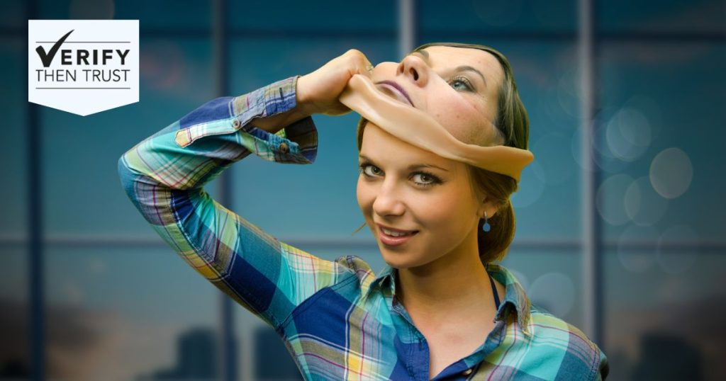 A woman pulls off a realistic-looking mask of her own face, revealing the same face underneath, with a sinister smile—symbolizing the deceptive nature of deepfakes and the risks they pose in real estate transactions.