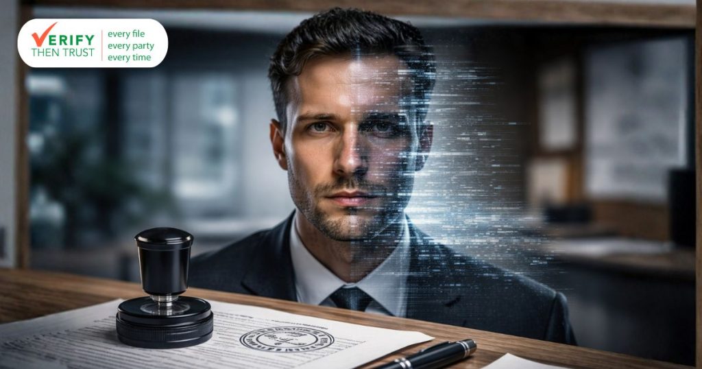 A man’s face appears partially digitized beside a stamped legal document and pen—symbolizing the intersection of technology, identity verification, and fraud prevention in real estate transactions.