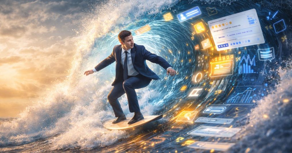 A professional in business attire surfing a massive, stylized wave made of glowing data, search results, and AI elements