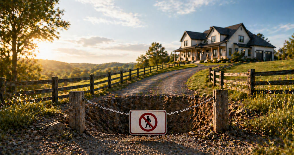 Rural home with a visible driveway blocked by a barrier, illustrating lack of legal property access.