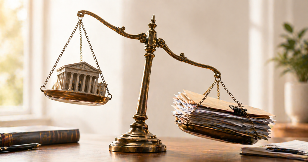Scales of justice tilted between courthouse and documents, illustrating regulatory uncertainty and legal compliance challenges.
