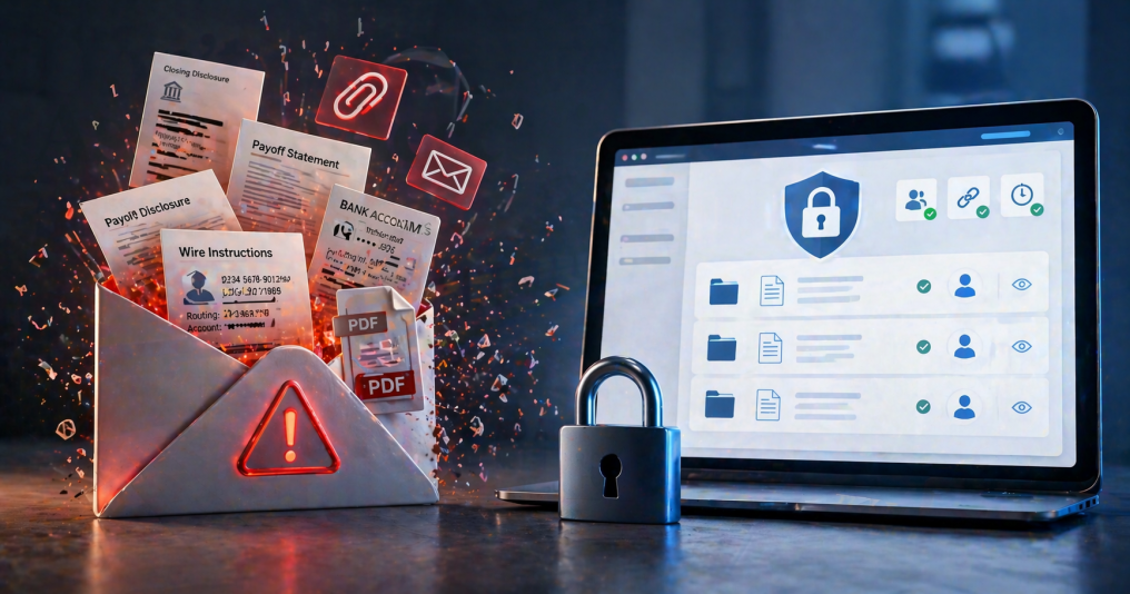 A slightly open envelope or email icon with documents spilling out, glowing faintly as if “leaking” data. In contrast, nearby is a clean, locked digital portal interface.