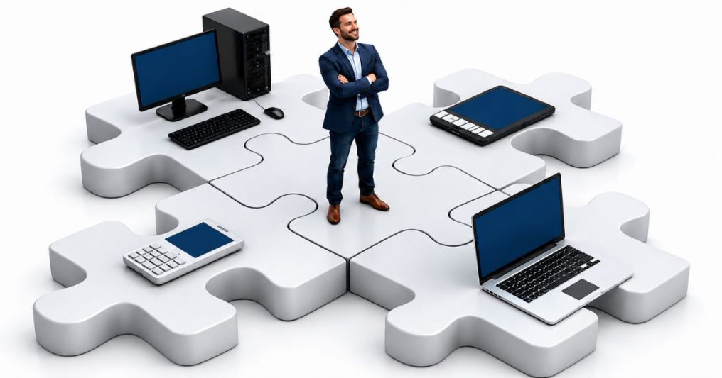 A polished 3D illustration showing a smiling businessman standing confidently with his arms folded on large interlocking white puzzle pieces. Around him are modern technology devices including a desktop computer, server tower, tablet, calculator, and laptop, each with dark navy-blue screens.