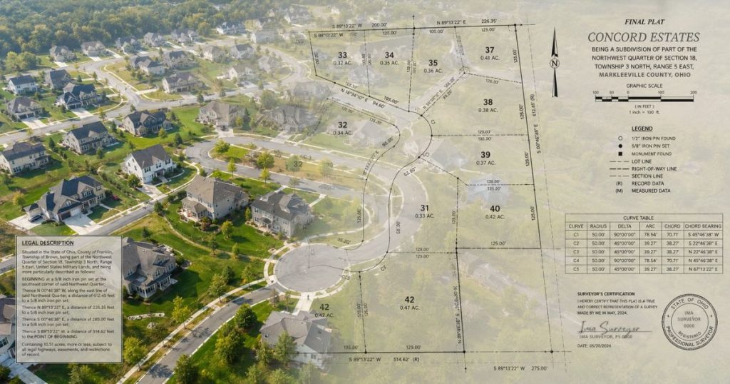 A bright aerial view of a suburban subdivision with a transparent plat map overlay showing lot boundaries, parcel dimensions, curve tables, and legal description details, illustrating how legal descriptions identify and define real property ownership.