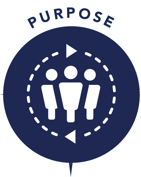 Alliant National Title Insurance Company 'Purpose' badge, featuring a circular blue icon with three stylized people surrounded by dotted lines and arrows, representing the company's commitment to purpose-driven operations as part of 'The Alliant National Way.