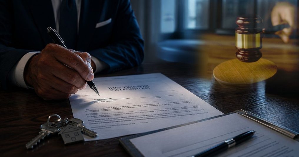 A person signs a document labeled “Wire Transfer Instructions” at a closing table, with keys, a closing disclosure, and a judge’s gavel in view—symbolizing the legal and financial risks associated with real estate wire transfers.