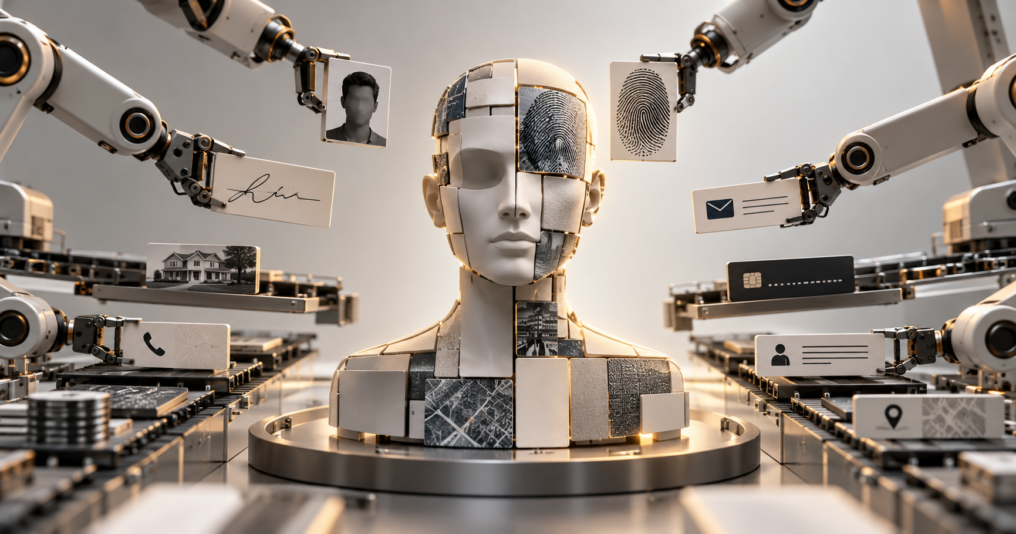 Robotic arms assemble a human identity from fragments including a photo, fingerprint, signature, contact information and account data, illustrating synthetic identity fraud and automated cybercrime.